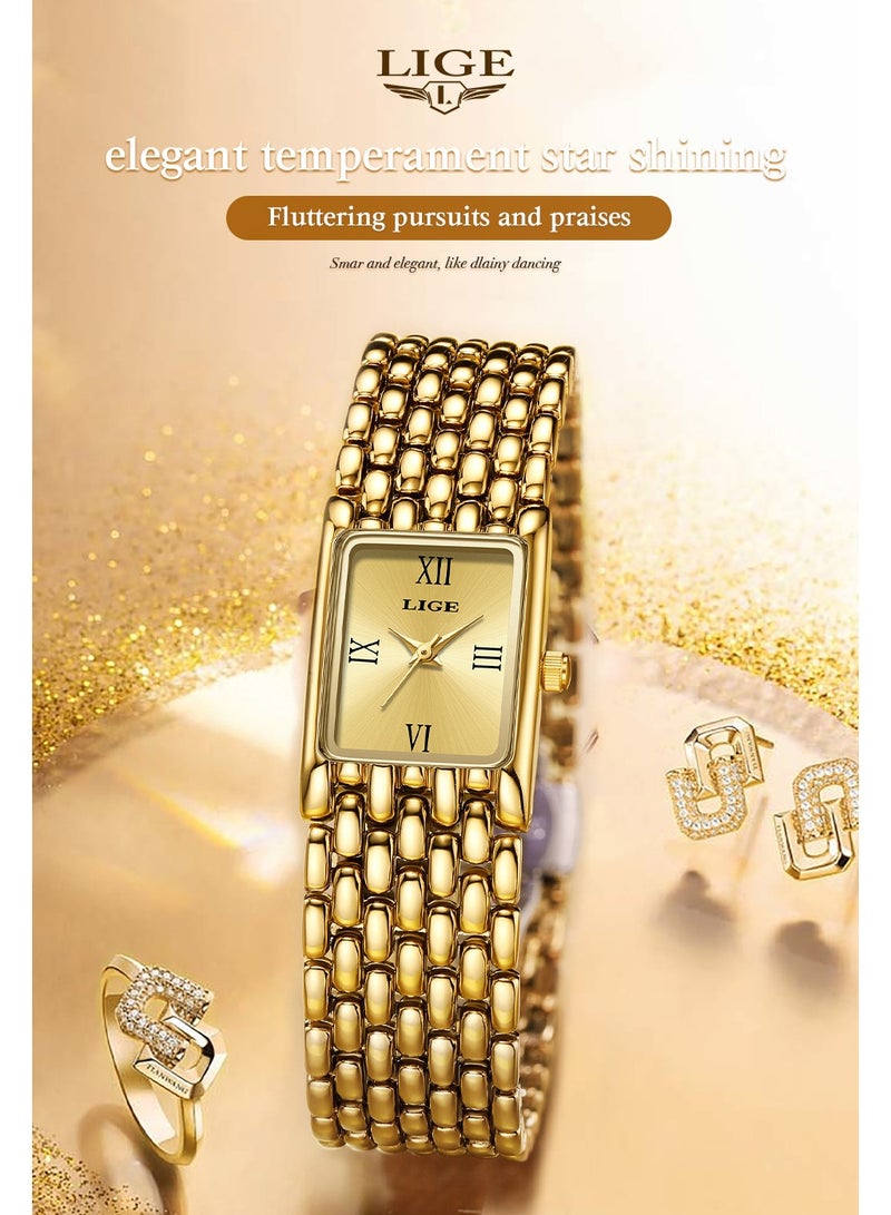 LIGE ​​LIGE Women's Fashion Quartz Watch - Full Gold-Tone Square Case Design, Compact Dial, Minimalist Casual Style, Elegant Metal Strap for Daily Wear & Special Occasions​​ - Image 2