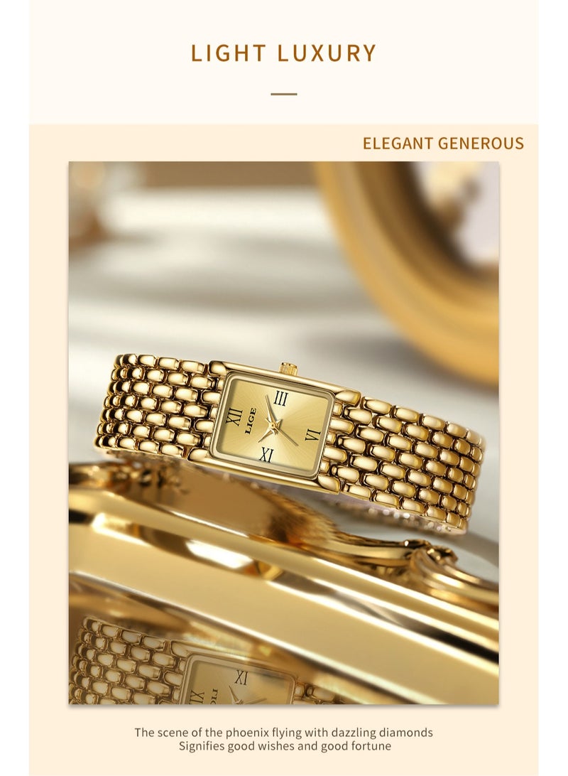 LIGE ​​LIGE Women's Fashion Quartz Watch - Full Gold-Tone Square Case Design, Compact Dial, Minimalist Casual Style, Elegant Metal Strap for Daily Wear & Special Occasions​​ - Image 4