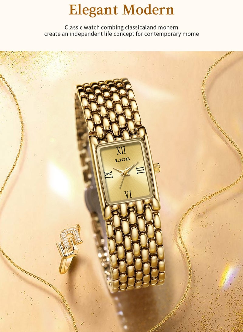 LIGE ​​LIGE Women's Fashion Quartz Watch - Full Gold-Tone Square Case Design, Compact Dial, Minimalist Casual Style, Elegant Metal Strap for Daily Wear & Special Occasions​​ - Image 5