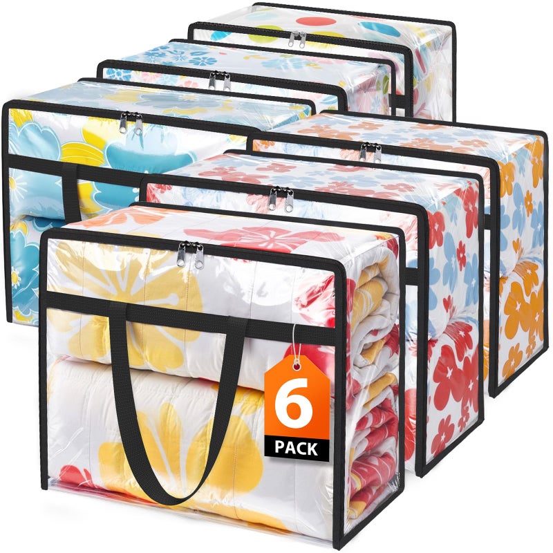 SpaceTrove Clear Clothes Storage Bags, 6 Pack Closet Organizers and Under Bed Storage Containers, Foldable Moving Bags with Zippers for Comforter, Blanket, Bedding, Duvet, PVC Packing Bags 60L - Image 1