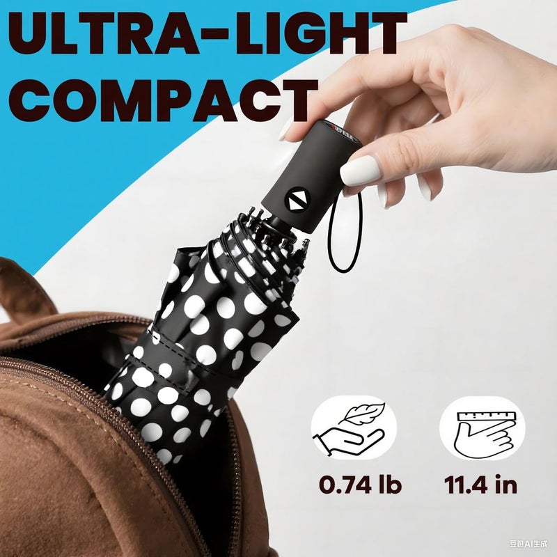 SIEPASA Windproof Travel Compact Umbrella-Automatic Umbrellas for Rain- Folding Umbrella, Travel Compact Umbrella.(Black Polka Dots) - Image 2