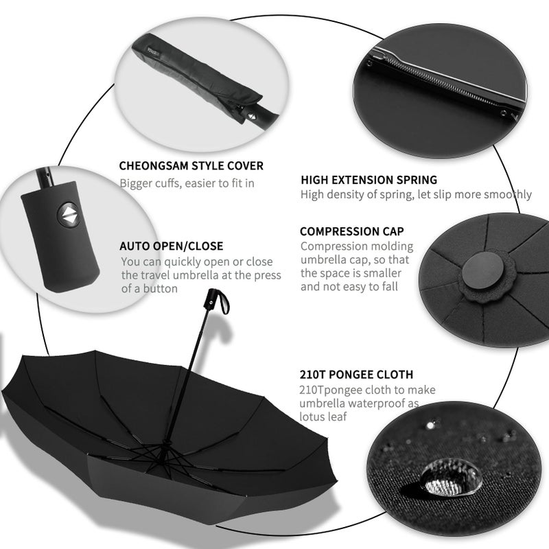 SIEPASA Windproof Travel Compact Umbrella-Automatic Umbrellas for Rain- Folding Umbrella, Travel Compact Umbrella.(Black Polka Dots) - Image 5