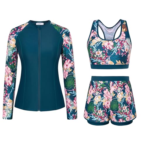 JASAMBAC Women's UPF 50+ Rash Guard Long Sleeve 3 Piece Zip Up Swimsuit UV/Sun Protection Swim Shirts Built in Bra Floral Athletic Swim Wear Pink Flower L - Image 1