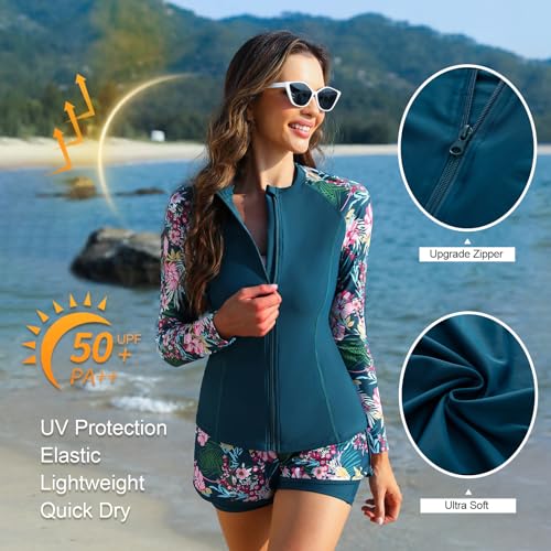 JASAMBAC Women's UPF 50+ Rash Guard Long Sleeve 3 Piece Zip Up Swimsuit UV/Sun Protection Swim Shirts Built in Bra Floral Athletic Swim Wear Pink Flower L - Image 2