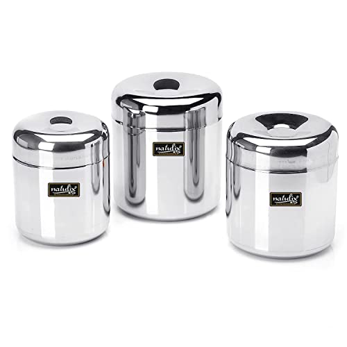 NATULIX Heavy Gauge Multipurpose Small Stainless Steel Containers For Kitchen | Vertical Canisters | Ubha Dabba | Storage Containers Set Of 3Pcs | (320Ml,500Ml,650Ml), Silver - Image 1