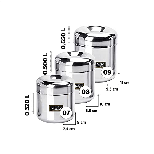 NATULIX Heavy Gauge Multipurpose Small Stainless Steel Containers For Kitchen | Vertical Canisters | Ubha Dabba | Storage Containers Set Of 3Pcs | (320Ml,500Ml,650Ml), Silver - Image 4