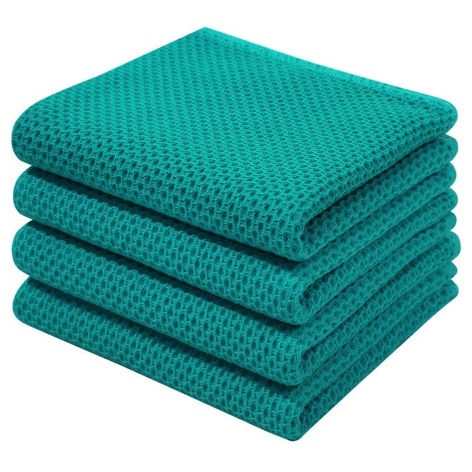 100 COTTON WAFFLE WEAVE KITCHEN DISH TOWELS ULTRA SOFT ABSORBENT QUICK DRYING CLEANING TOWEL 13 X 28 INCHES 4PACK TEAL