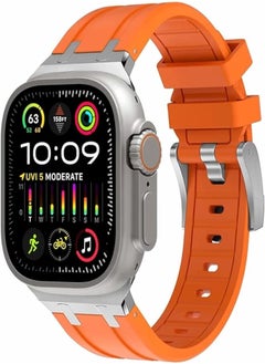Dado Liquid Silicone Rubber Bands Compatible with Apple Watch Series Ultra 2 | 9 | 8 Ultra | 8 | 7 | 6 | 5 49/45/44/42 mm, Luxury Design Rubber Strap with Stainless Steel Adapter (Orange - Silver)