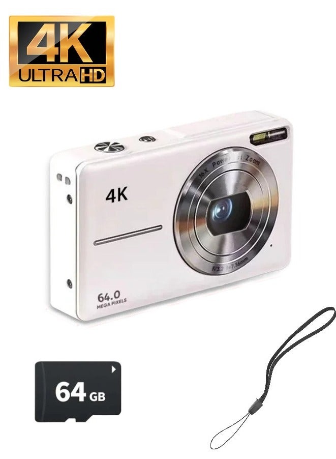 Generic 4K digital camera. cameras digital with 64GB card. 18X zoom digital camera. 4k Kids Camera 64MP Point and Shoot. Small, portable digital camera. camera for kids and adults, suitable for travel. White.  - Image 1