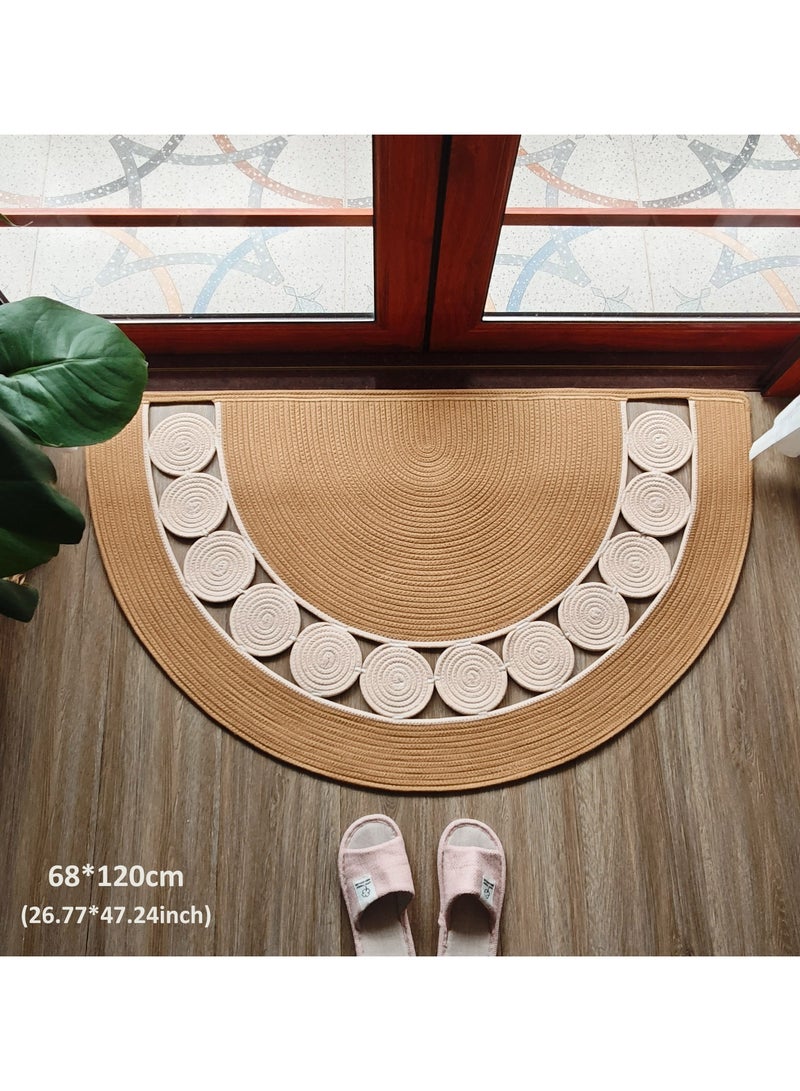 رَاحَة الرُّكْن سجادة نصف دائرية بوهو مصنوعة من الكتان محاكة يدويًا، بساط باب نصف دائري، ممتص للرطوبة سريع الجفاف مريح قابل للغسل، مناسبة للصالة، المدخل، الباحة، المرآب، المطبخ، غرفة النوم، ديكور المنزل - مقاس 80/90/120 سم - اللون البيج - Image 2