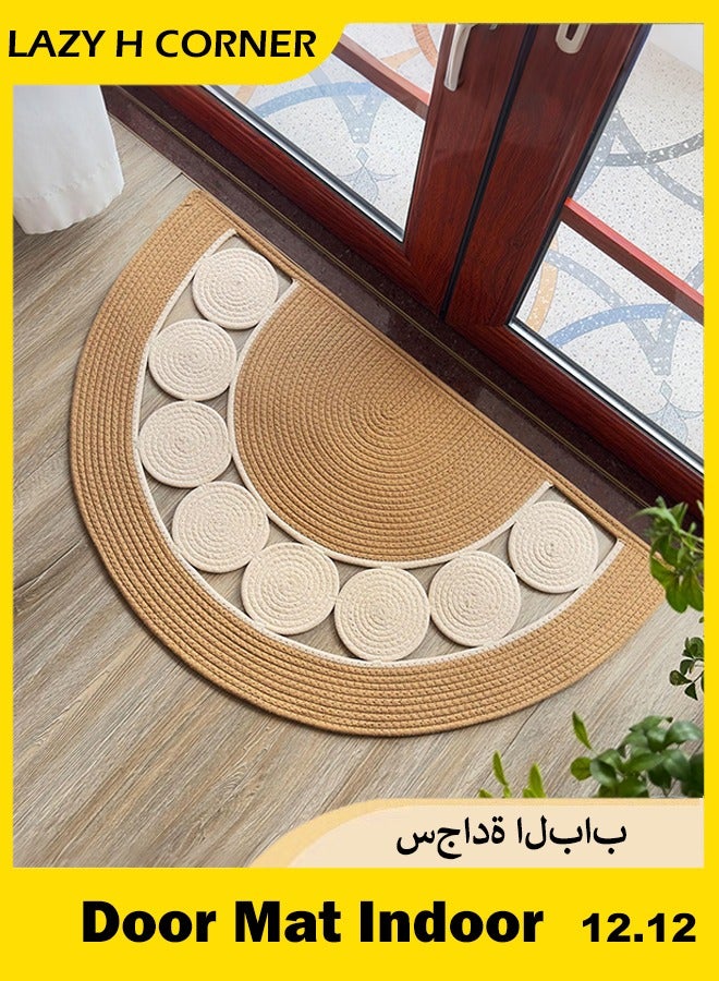 رَاحَة الرُّكْن سجادة نصف دائرية بوهو مصنوعة من الكتان محاكة يدويًا، بساط باب نصف دائري، ممتص للرطوبة سريع الجفاف مريح قابل للغسل، مناسبة للصالة، المدخل، الباحة، المرآب، المطبخ، غرفة النوم، ديكور المنزل - مقاس 80/90/120 سم - اللون البيج - Image 1