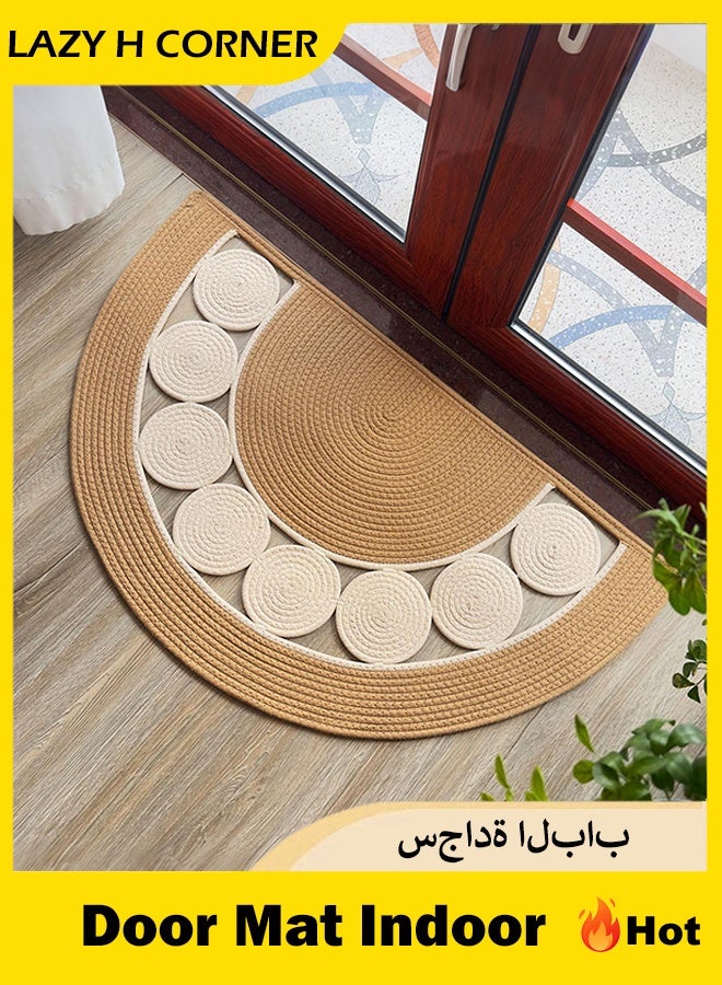 LAZY H CORNER Half Round Door Mats Bohemian, Handwoven Linen Cotton Washable Non-Slip Entry Rugs, Machine Washable Fast Drying for Bathroom Kitchen Porch Indoor Outdoor, Beige and Khaki Color Combination, 45*80/50*90/68*120 cm - Image 1