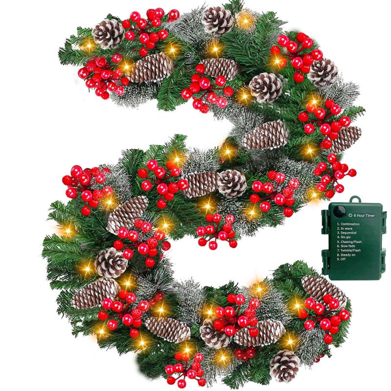 Timer 8 Mode 9Ft by 10 Inch Prelit Christmas Garland with 50 Warm LightsThick 270 Snowy Tips 70 Red Berry 10 Pinecone Battery Operated Real Touch Cedar Xmas Garland Door Mantle Indoor Outdoor