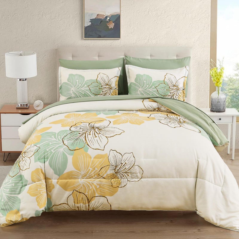 Luxudecor Sage Green Floral Comforter Set King Size, 7 Pieces Bed in a Bag Gold Glitter Metallic Comforter and Sheet Set, Soft Microfiber Complete Bedding Sets for All Seasons - Image 1