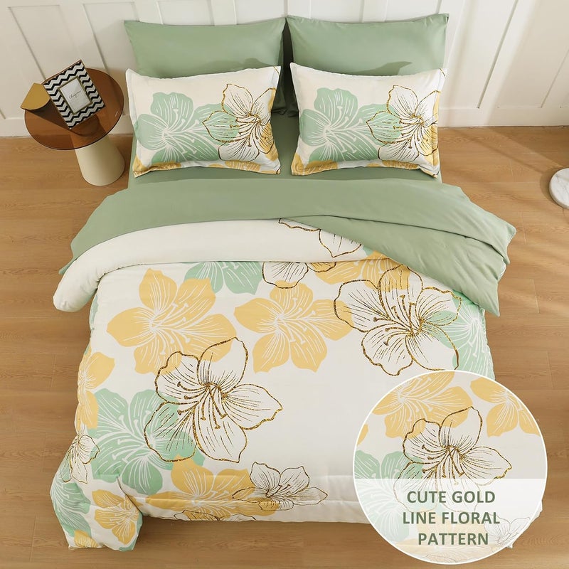 Luxudecor Sage Green Floral Comforter Set King Size, 7 Pieces Bed in a Bag Gold Glitter Metallic Comforter and Sheet Set, Soft Microfiber Complete Bedding Sets for All Seasons - Image 3