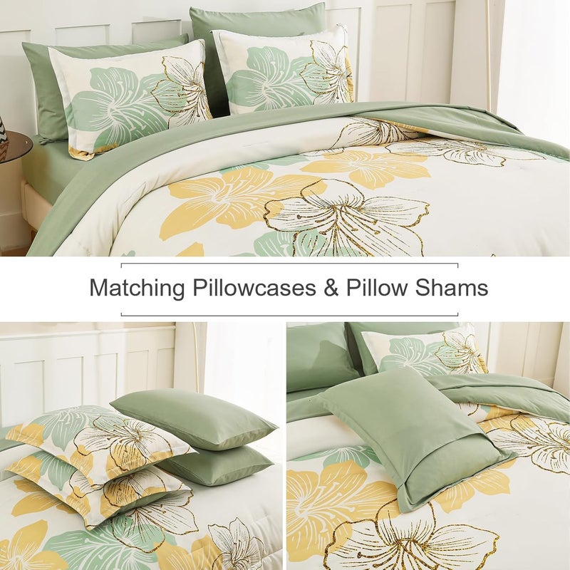 Luxudecor Sage Green Floral Comforter Set King Size, 7 Pieces Bed in a Bag Gold Glitter Metallic Comforter and Sheet Set, Soft Microfiber Complete Bedding Sets for All Seasons - Image 4
