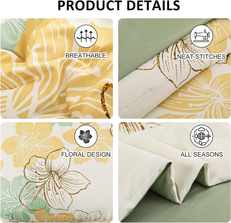 Luxudecor Sage Green Floral Comforter Set King Size, 7 Pieces Bed in a Bag Gold Glitter Metallic Comforter and Sheet Set, Soft Microfiber Complete Bedding Sets for All Seasons - Image 5