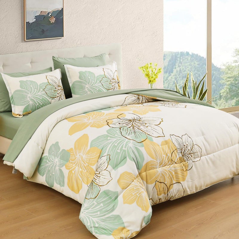 Luxudecor Sage Green Floral Comforter Set King Size, 7 Pieces Bed in a Bag Gold Glitter Metallic Comforter and Sheet Set, Soft Microfiber Complete Bedding Sets for All Seasons - Image 2
