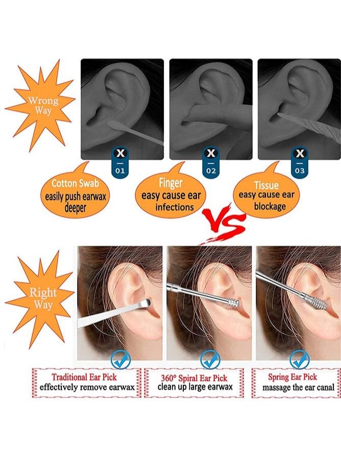 6pcs Ear Cleaner Kits Stainless Steel Ear Wax Remover Curette Ear Pick Spiral Ear Clean Tool Ear Cleaner Spoon Silver