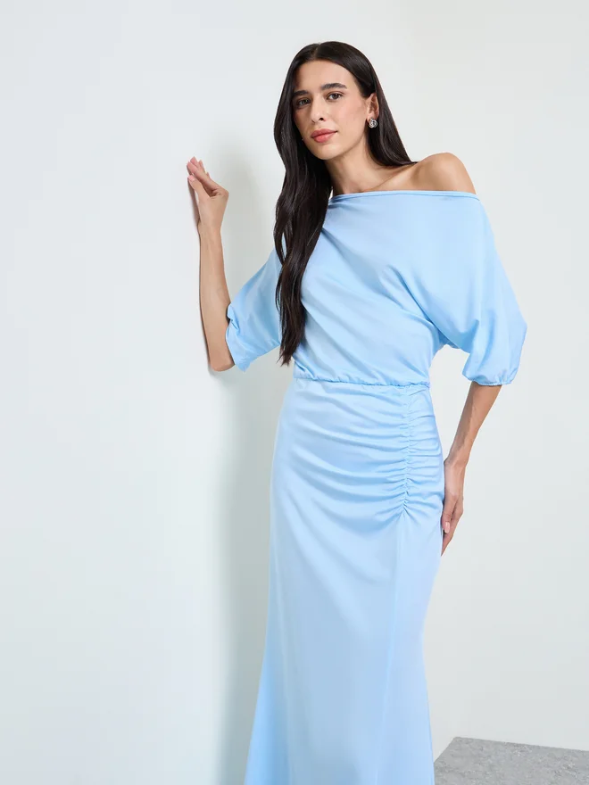 Styli Styli Blue One-Shoulder Flared Maxi Dress