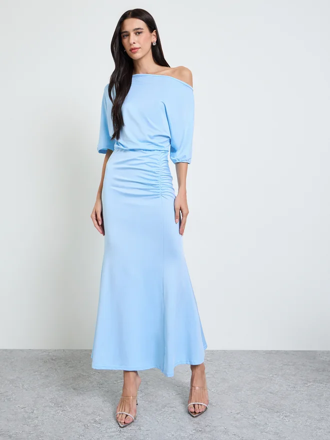 Styli Styli Blue One-Shoulder Flared Maxi Dress