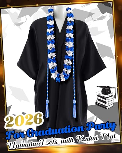 Cindeer Graduation Leis Class of 2026 Graduation Ribbon Leis with Kukui Nut Beads and Honor Cord Hawaiian Kukui Nut Beads Necklace for Party Student Gift SuppliesBlue and White - Image 3