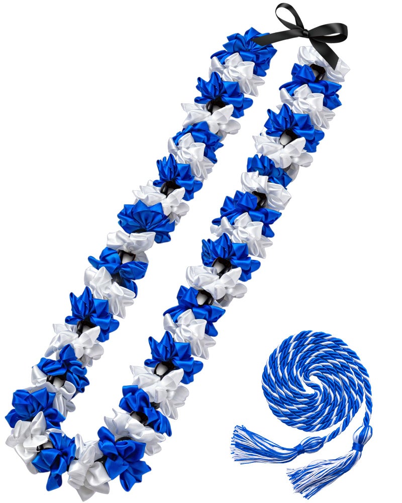Cindeer Graduation Leis Class of 2026 Graduation Ribbon Leis with Kukui Nut Beads and Honor Cord Hawaiian Kukui Nut Beads Necklace for Party Student Gift SuppliesBlue and White - Image 2