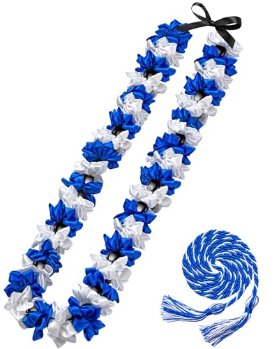 Cindeer Graduation Leis Class of 2026 Graduation Ribbon Leis with Kukui Nut Beads and Honor Cord Hawaiian Kukui Nut Beads Necklace for Party Student Gift SuppliesBlue and White - Image 1