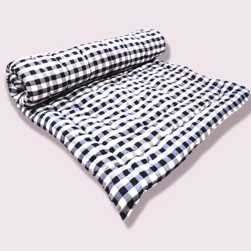 ATOOTFUSION Premium Queen Size Cotton Quilt Mattress | Lightweight Comfort, Medium Firmness | Foldable Reversible Cotton Bedding | White and Black Checkered Design (72X60 Inches) - Image 1
