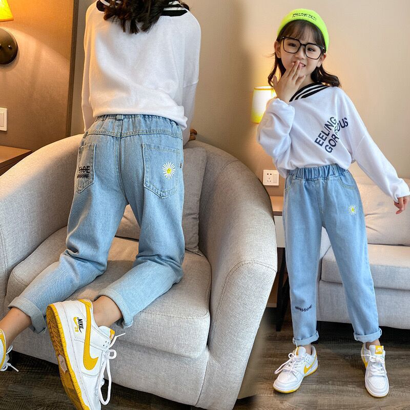 Girls' Spring Jeans 2025 New Style Middle And Large Children'S Straight Trousers For Girls' Father Children'S Father Trousers - Image 1