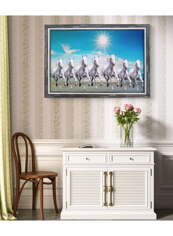 Elegance Vastu Seven White Running Horses Painting Sunrise Picture Photo Frame Outer Size- 19.75 length x 13.75 height inch, Picture Visible Size- 18 length x 12 height inch - Image 1