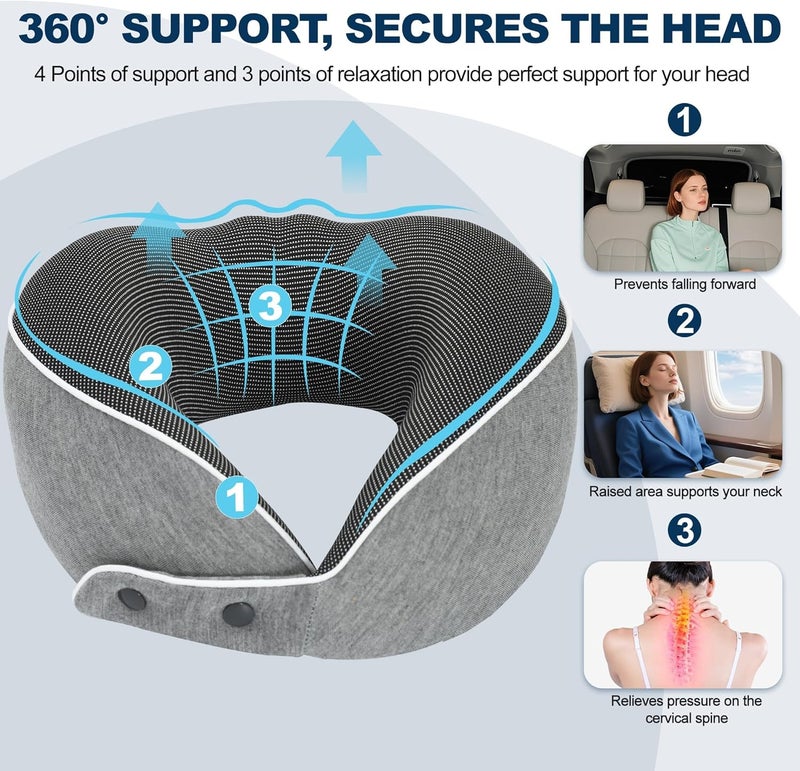 KASTWAVE Ergonomic Memory Foam Travel Neck Pillow for Airplane with Adjustable Support, 3D Eye Mask, EVA Storage Case, Hook – Comfortable Car, Office & Home Sleep Pillow for Neck Pain Relief - Image 3