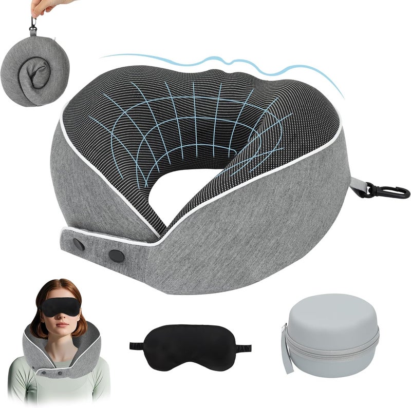 KASTWAVE Ergonomic Memory Foam Travel Neck Pillow for Airplane with Adjustable Support, 3D Eye Mask, EVA Storage Case, Hook – Comfortable Car, Office & Home Sleep Pillow for Neck Pain Relief - Image 1
