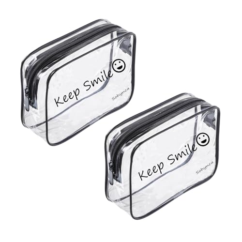 Sohynca 2pcs Clear PVC Toiletry Bag Transparent Waterproof Cosmetic Bag Minimalism Makeup Bag Small neat Cosmetic Pouch Summer Beach Purses Organize (Smile Black) - Image 1