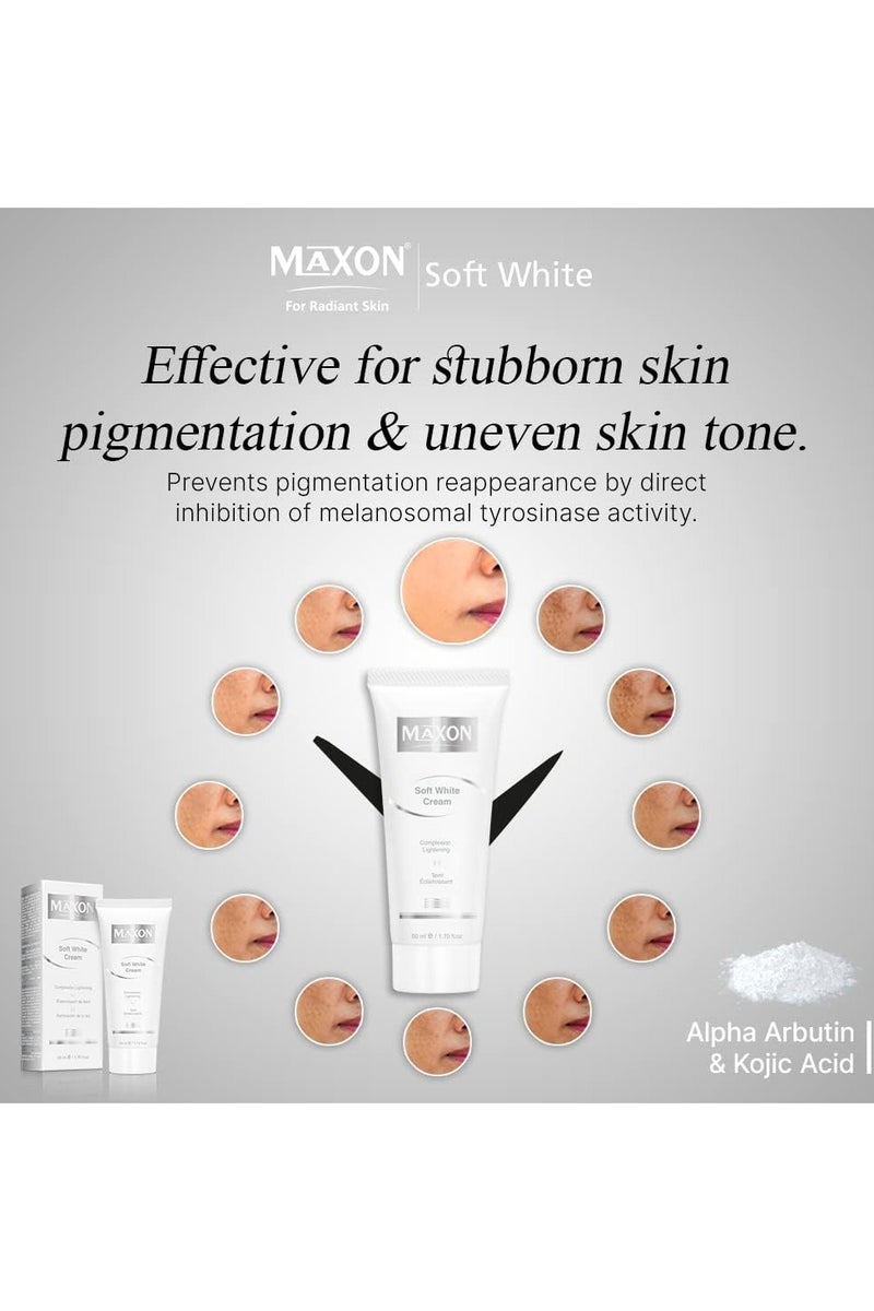 MAX-ON Soft White Beauty Cream Nighttime Skin Whitening & Dark Circle Reduction | Acne & Spot Removal | Alpha & Kojic Acid Formula 50ml - Image 2