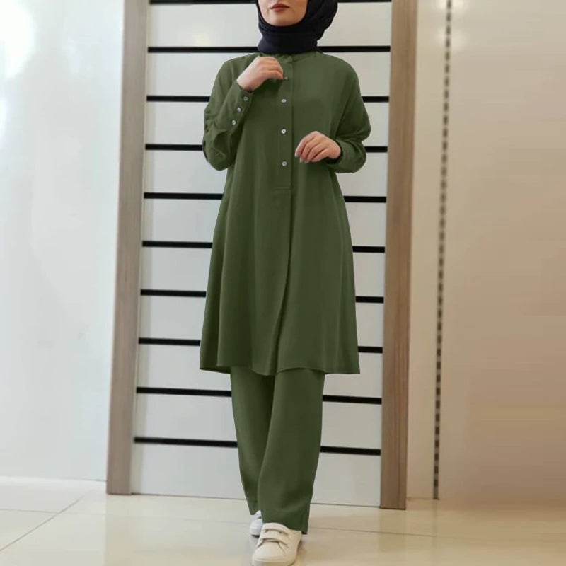 in stock H728# Muslim Womens New Solid Color Two-Piece Shirt Pants suit Casual Loose Pants suit Black - Image 5