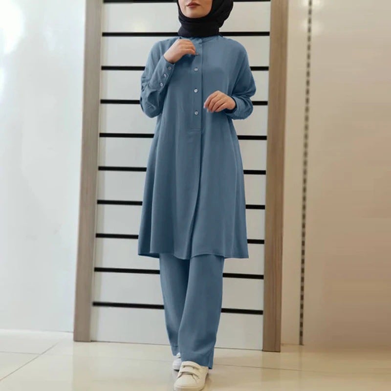 in stock H728# Muslim Womens New Solid Color Two-Piece Shirt Pants suit Casual Loose Pants suit Black - Image 4