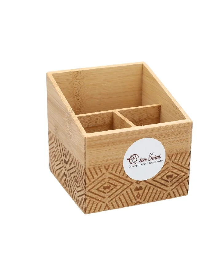 Bien Servi Natural Bamboo Patterned Countertop Cutlery Holder Box Brown 12.5 x 12.5 x 12.5 cm G17-G207-DK2