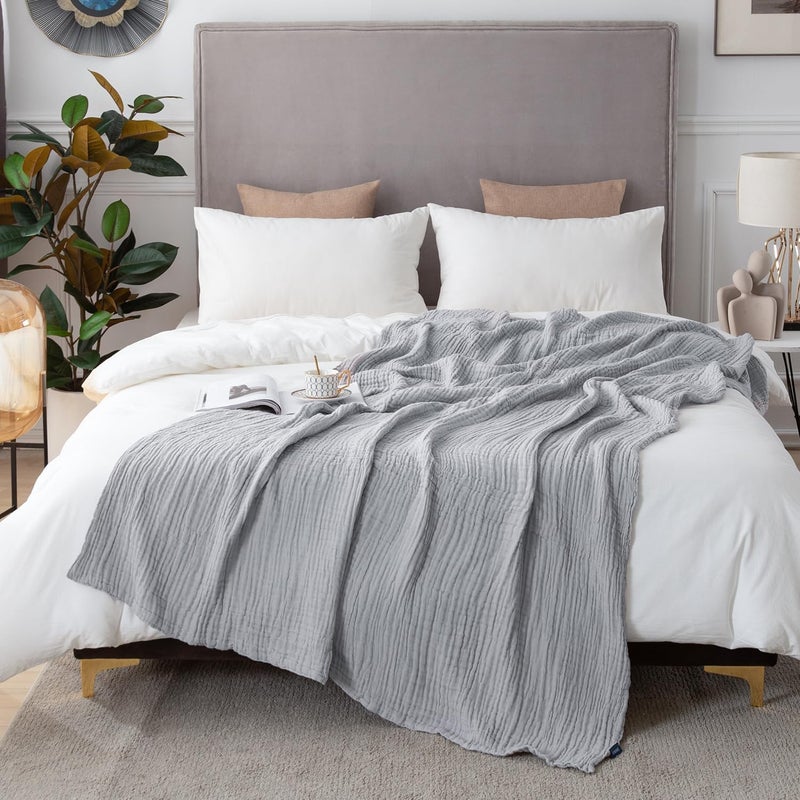 EMME Cotton Blanket, Prewashed Blanket, Soft and Breathable Bedspread, Universal Sofa Blanket Lightweight Comfortable Cotton Muslin Blanket for All Season (Light Grey, 55 x 75 inches) - Image 5