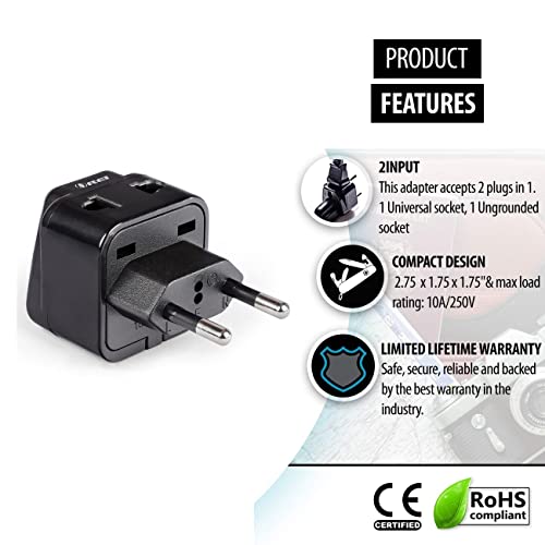 OREI Europe Adapter Set - Schuko Type E/F, Type C - Universal to Europe Travel Adapter - 2 in 1 - CE Certified - RoHS Compliant - Works in Most of Europe, Albania, Austria, Belgium, Greece - Image 4