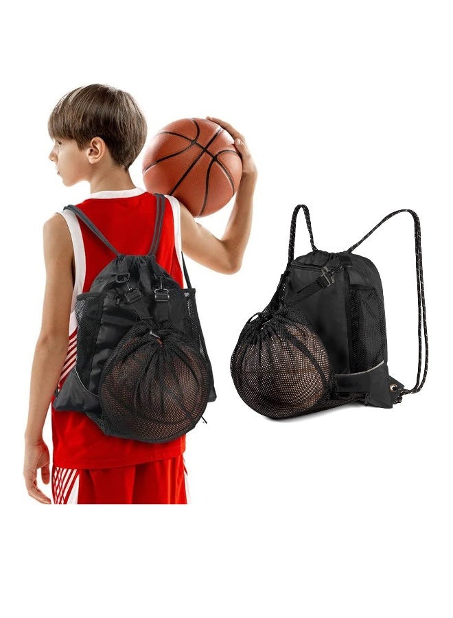Generic Black Basketball Backpack Drawstring Bag Basketball Accessories String Bag w Hidden Ball Net Gym Sports Cinch Sack w Bottle Holder u0026 Zipper Pockets Workout Equipment Bags for Volleyball Men - Image 3