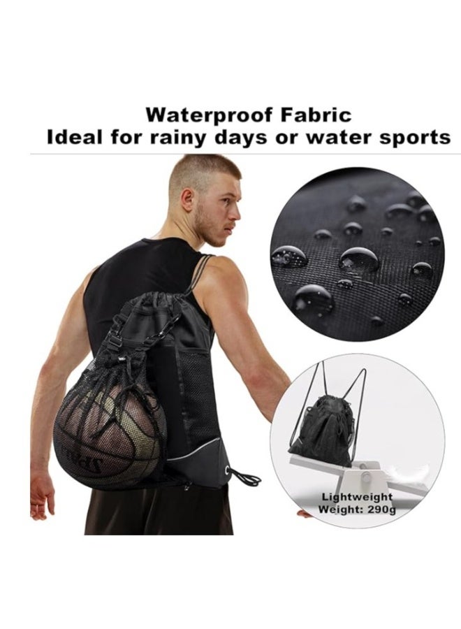 Generic Black Basketball Backpack Drawstring Bag Basketball Accessories String Bag w Hidden Ball Net Gym Sports Cinch Sack w Bottle Holder u0026 Zipper Pockets Workout Equipment Bags for Volleyball Men - Image 2