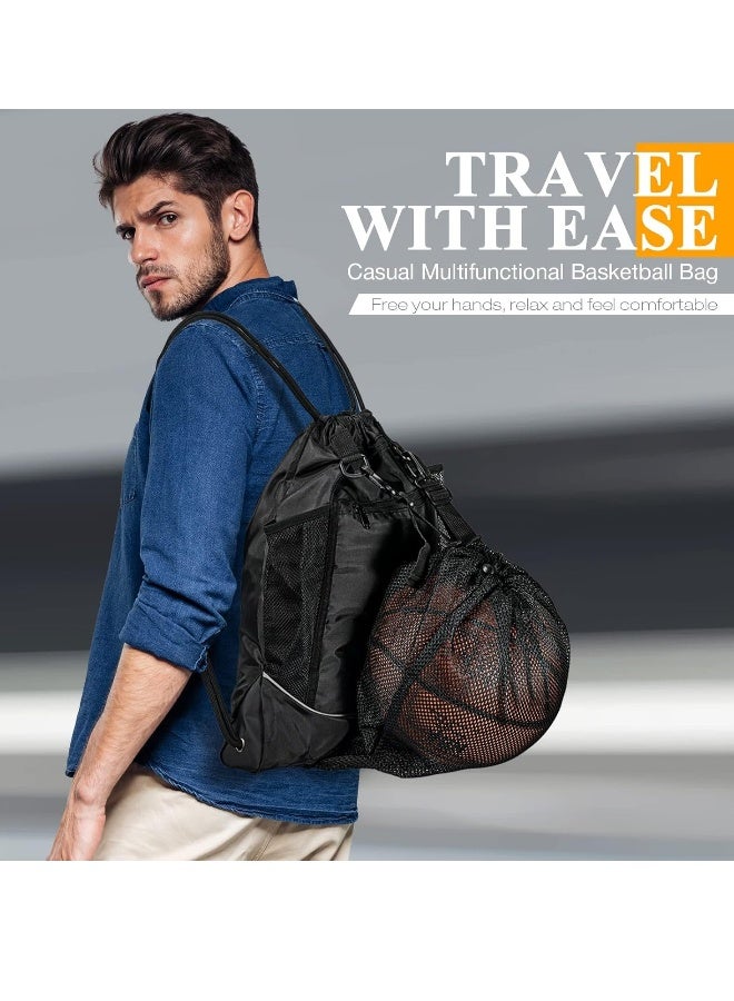 Generic Black Basketball Backpack Drawstring Bag Basketball Accessories String Bag w Hidden Ball Net Gym Sports Cinch Sack w Bottle Holder u0026 Zipper Pockets Workout Equipment Bags for Volleyball Men - Image 1