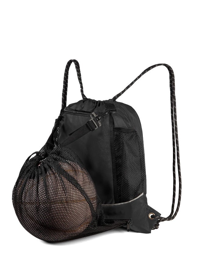 Generic Black Basketball Backpack Drawstring Bag Basketball Accessories String Bag w Hidden Ball Net Gym Sports Cinch Sack w Bottle Holder u0026 Zipper Pockets Workout Equipment Bags for Volleyball Men - Image 5