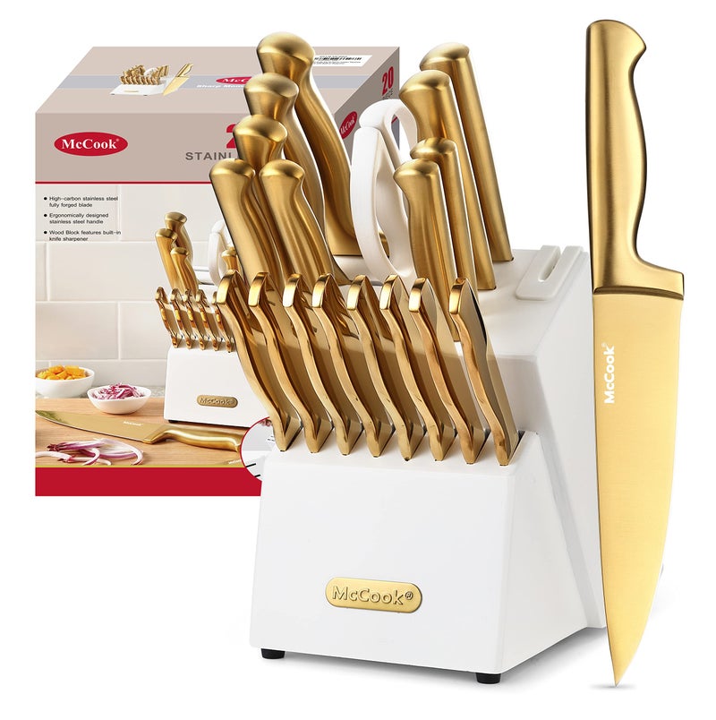 McCook Kitchen Knife Sets Golden Titanium Stainless Steel Knives Block Set with Builtin Sharpener