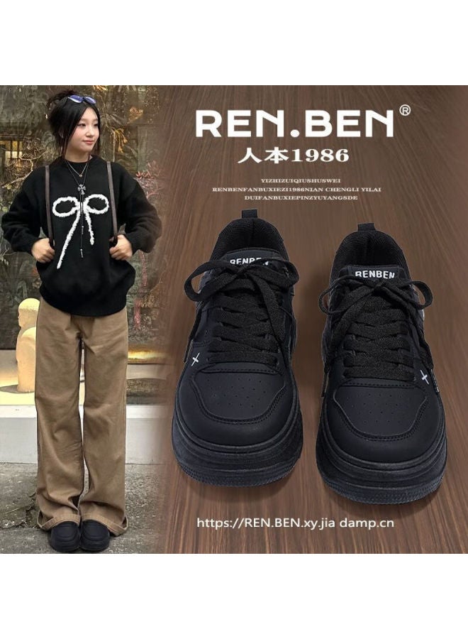 Renben Thick Sole Black Shoes 2025 Spring Autumn New Commuter High-value Casual Versatile Height-increasing Breathable Student Sneakers