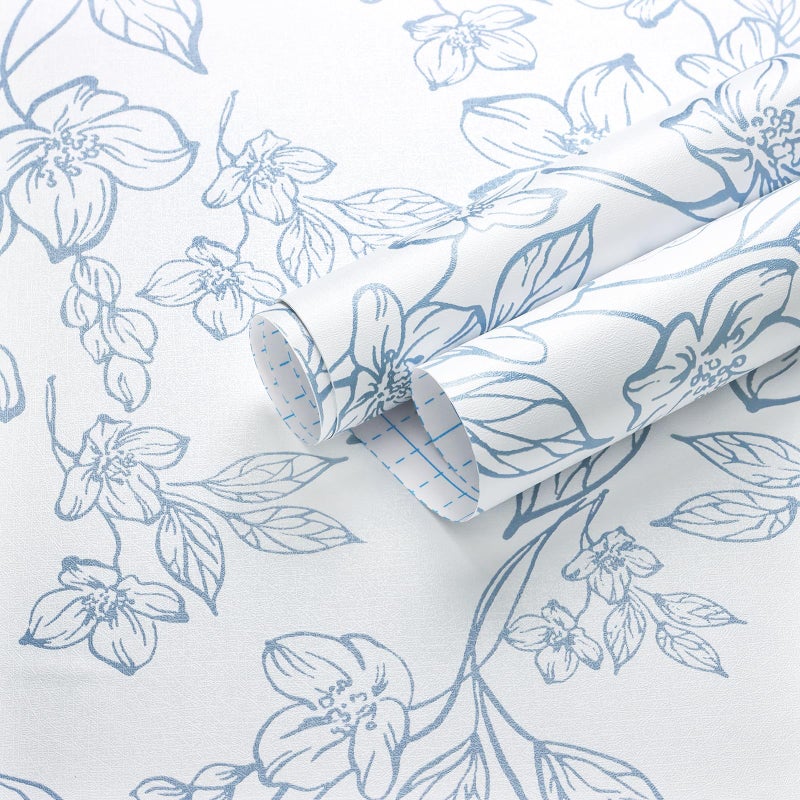 Ismoon Peel and Stick Wallpaper Blue and White Contact Paper Modern Flroal Wall Papaer Textured Removable Self Adhesive Vinyl Stick on Wallpaper for Bedroom Cabinet 17.3x78.7in - Image 1