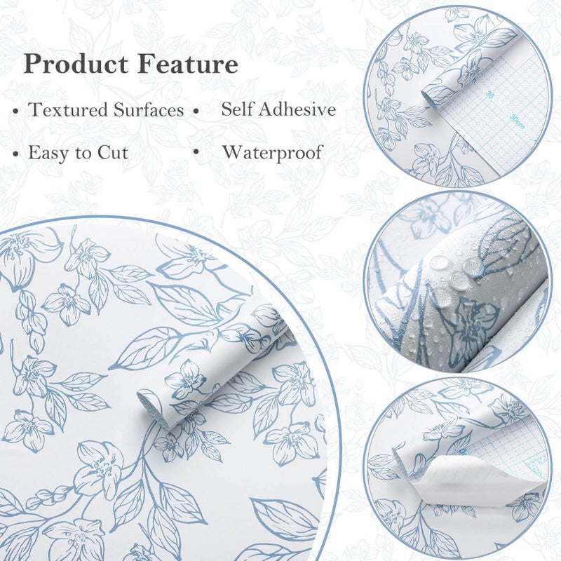 Ismoon Peel and Stick Wallpaper Blue and White Contact Paper Modern Flroal Wall Papaer Textured Removable Self Adhesive Vinyl Stick on Wallpaper for Bedroom Cabinet 17.3x78.7in - Image 2