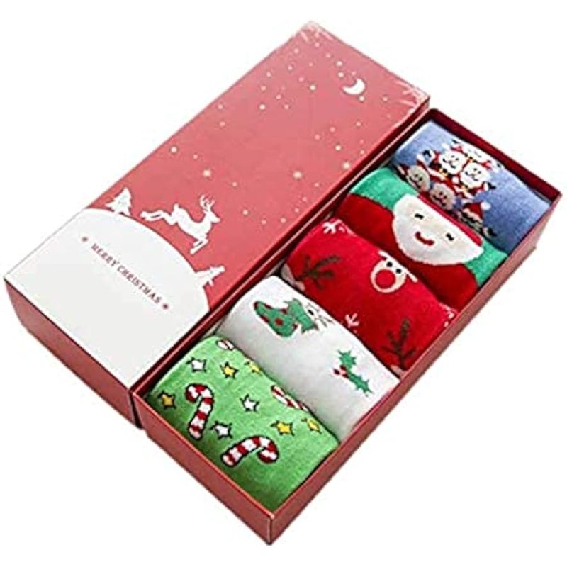 إسكدنيا صندوق هدية جوارب كريسماس - 5 ازواج من جوارب بشكل اسطواني ذات طول متوسط من قطن ليدي مزينة بنقوش رسوم متحركة - Image 1