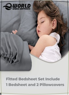 Eworld 3-Piece Grey Cotton Fitted Bedsheet Set Includes 1 Deep-Pocket Sheet for a Snug Fit and 2 Pillow Covers, Breathable, Machine Washable for Optimal Protection, Available in King, Queen and Single Sizes  - Image 3